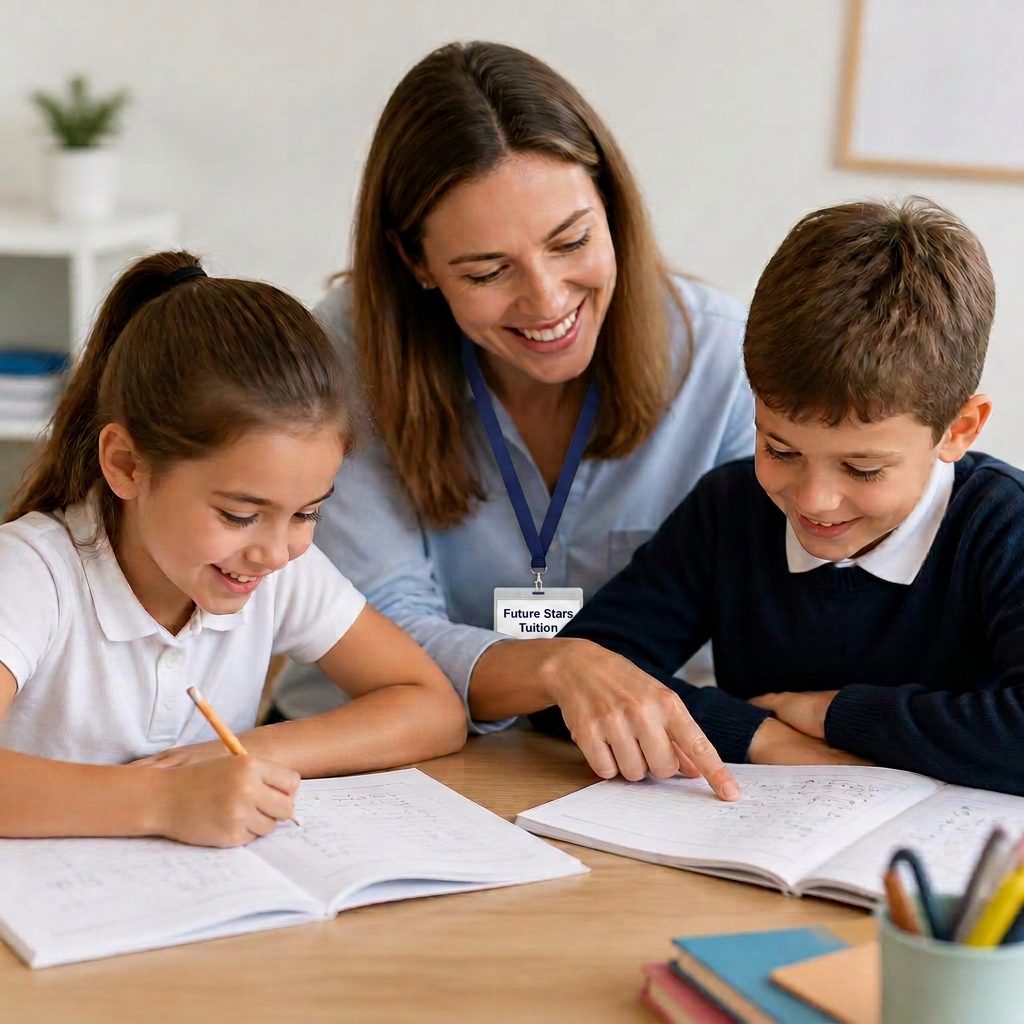 A tutor helping two primary school children with their maths workbooks